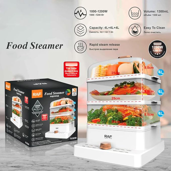 RAF Food Steamer – Multi-Layer Electric Steamer for Healthy Cooking, Vegetables, Rice & Seafood